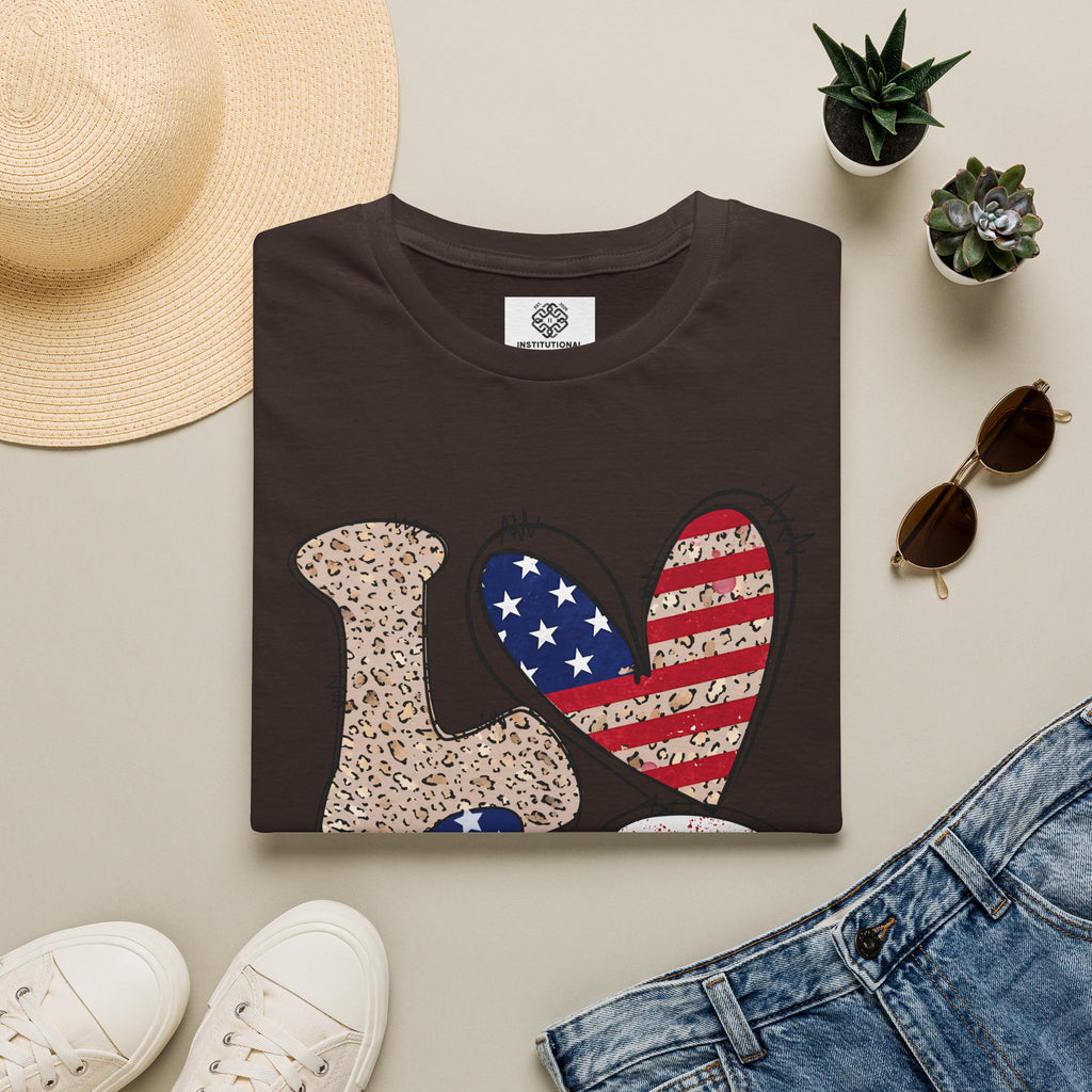 Patriotic LOVE Heart T-Shirt — American Flag & Leopard Print Graphic