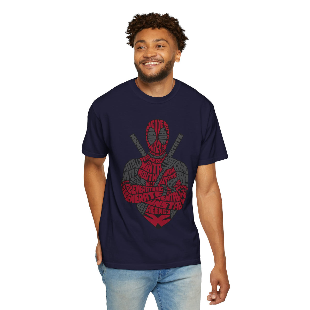 Graphic T-Shirt — Red Text Portrait Superhero Design