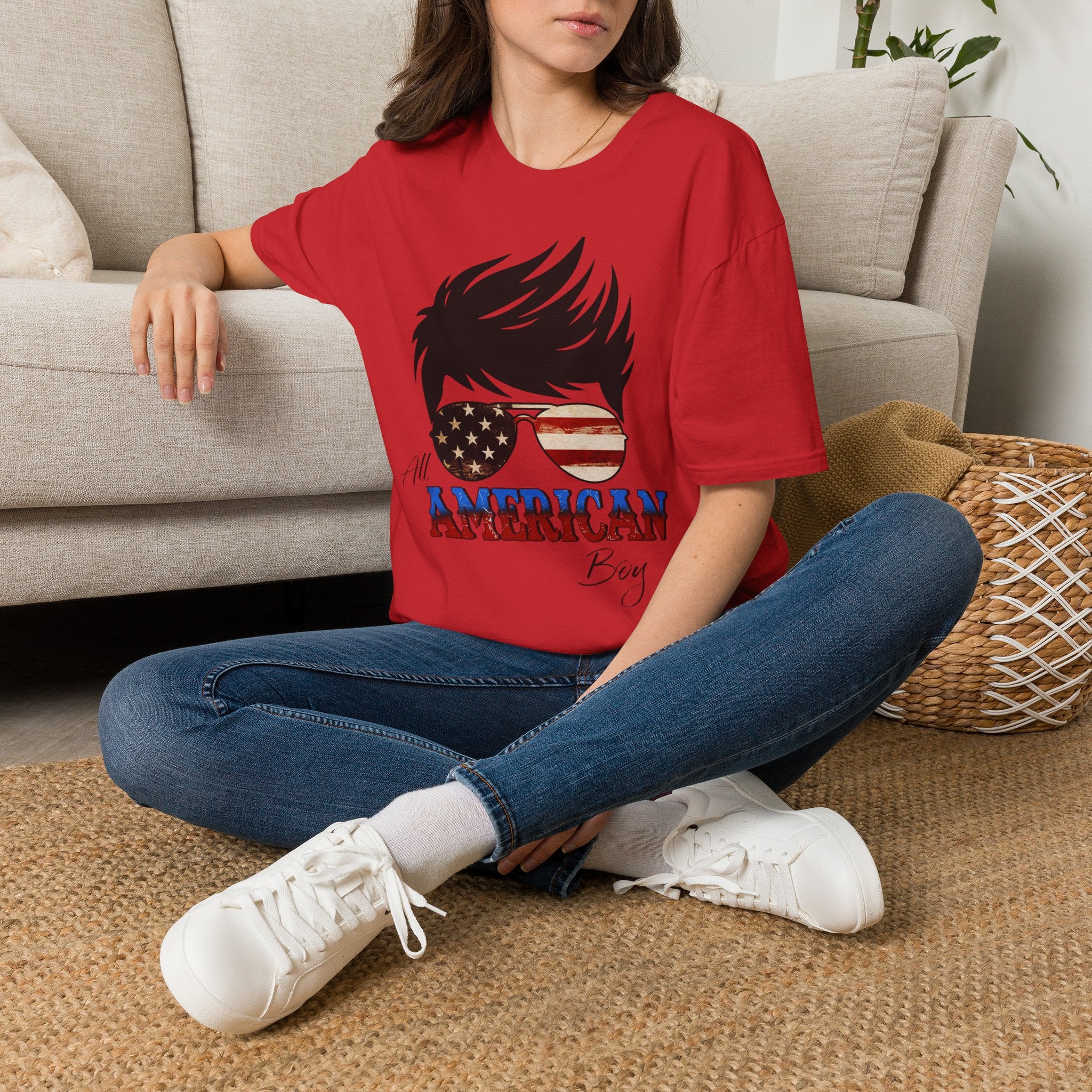 American Boy Graphic T-Shirt — Patriotic Sunglasses & Flag Hair Tee