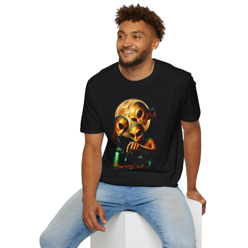 Alien Family Graphic Tee — Retro UFO Moon Illustration T-Shirt