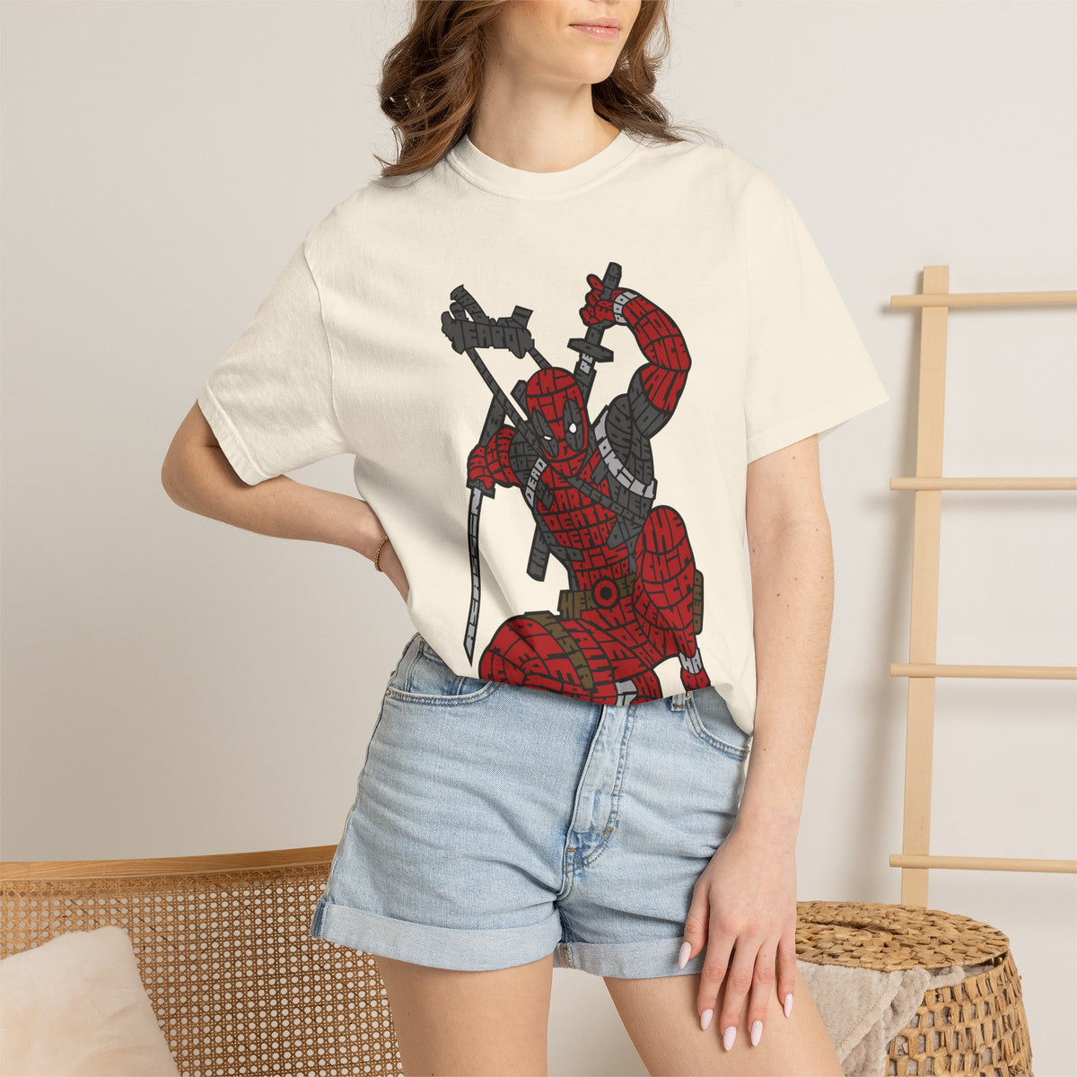 Graphic T-Shirt — Red Webbed Superhero Kneeling Illustration