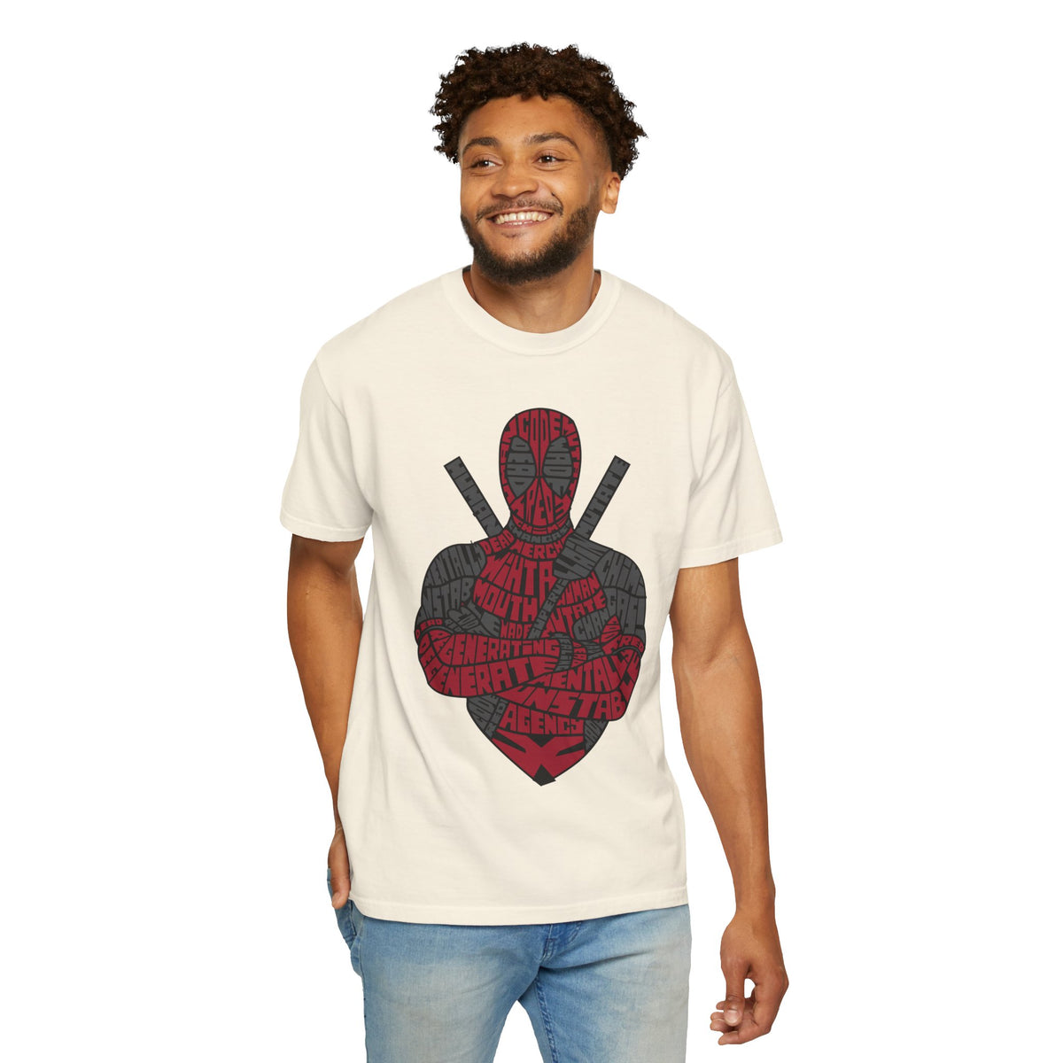 Graphic T-Shirt — Red Text Portrait Superhero Design