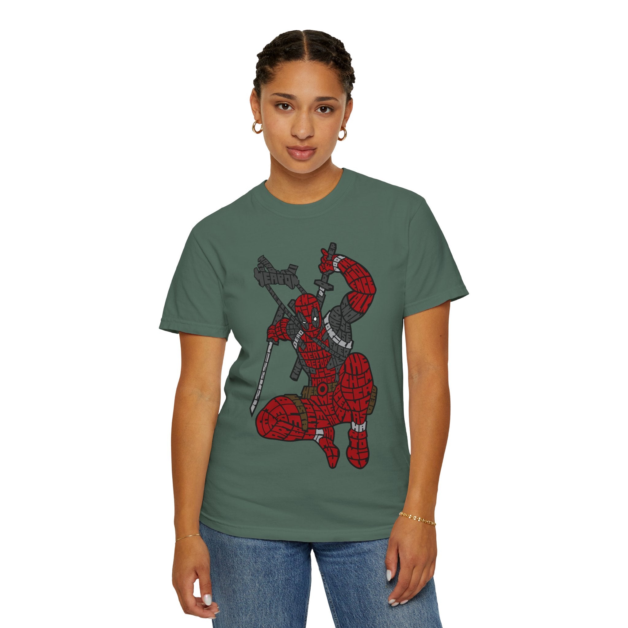 Graphic T-Shirt — Red Webbed Superhero Kneeling Illustration