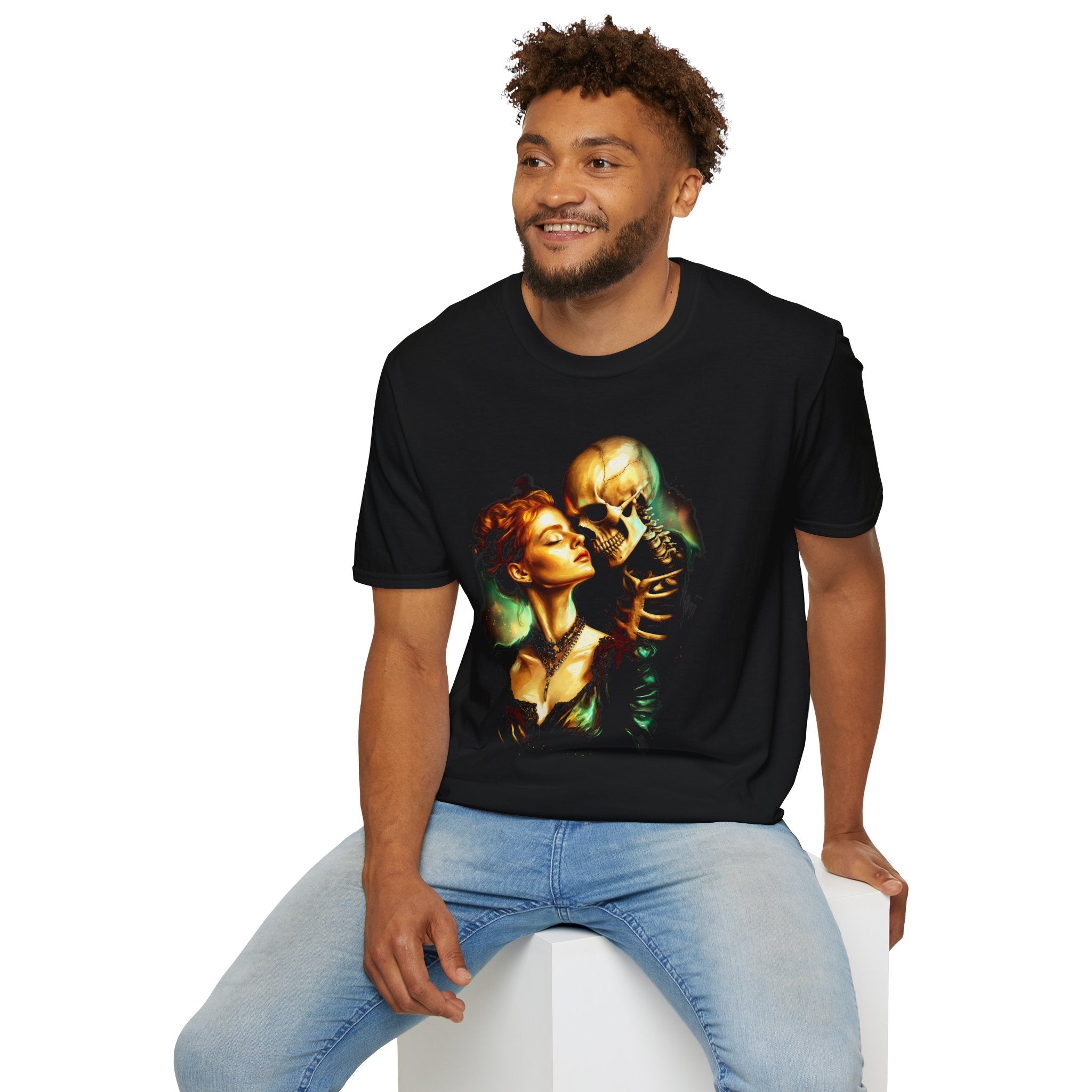 Skull Kiss T-Shirt — Romantic Gothic Skull & Woman Graphic Tee