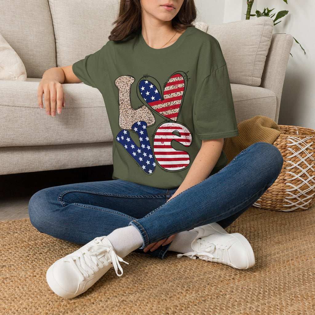 Patriotic LOVE Heart T-Shirt — American Flag & Leopard Print Graphic