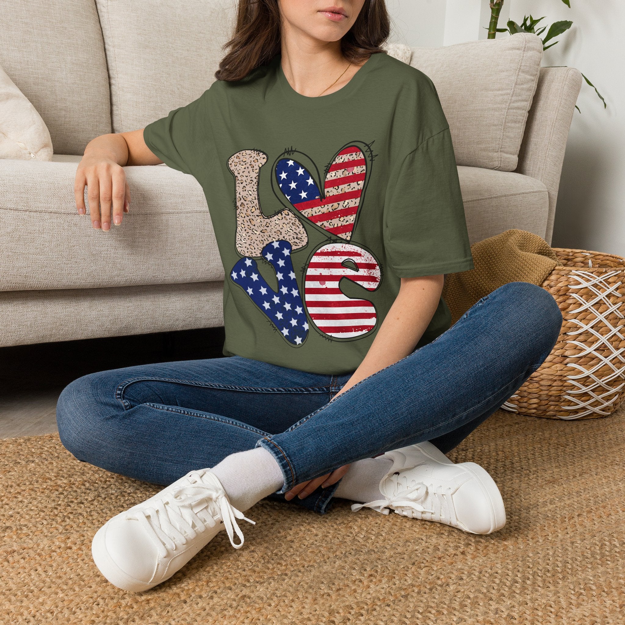 Patriotic LOVE Heart T-Shirt — American Flag & Leopard Print Graphic