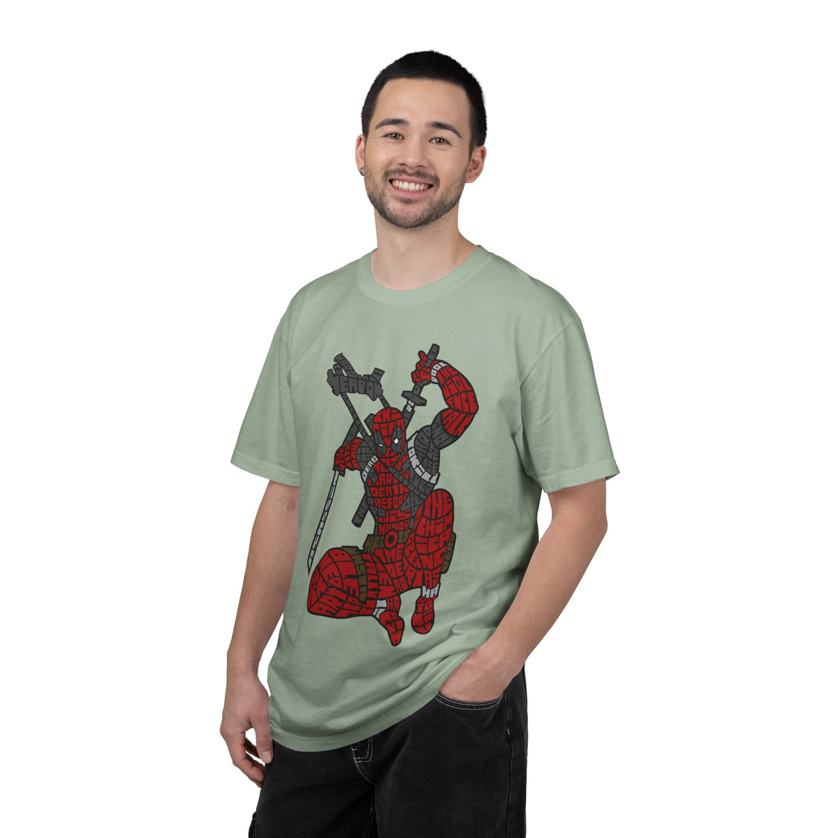 Graphic T-Shirt — Red Webbed Superhero Kneeling Illustration