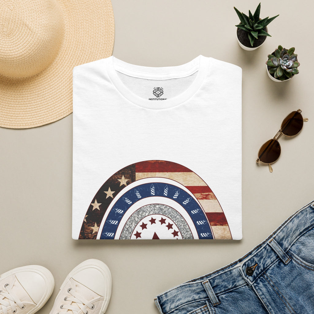 Patriotic American Rainbow T-Shirt — 'America' Stars & Stripes Graphic