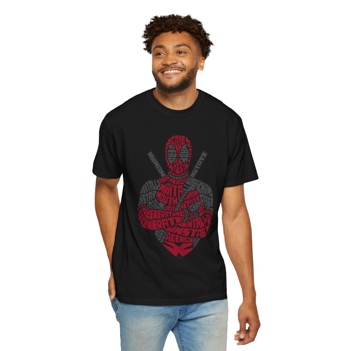 Graphic T-Shirt — Red Text Portrait Superhero Design