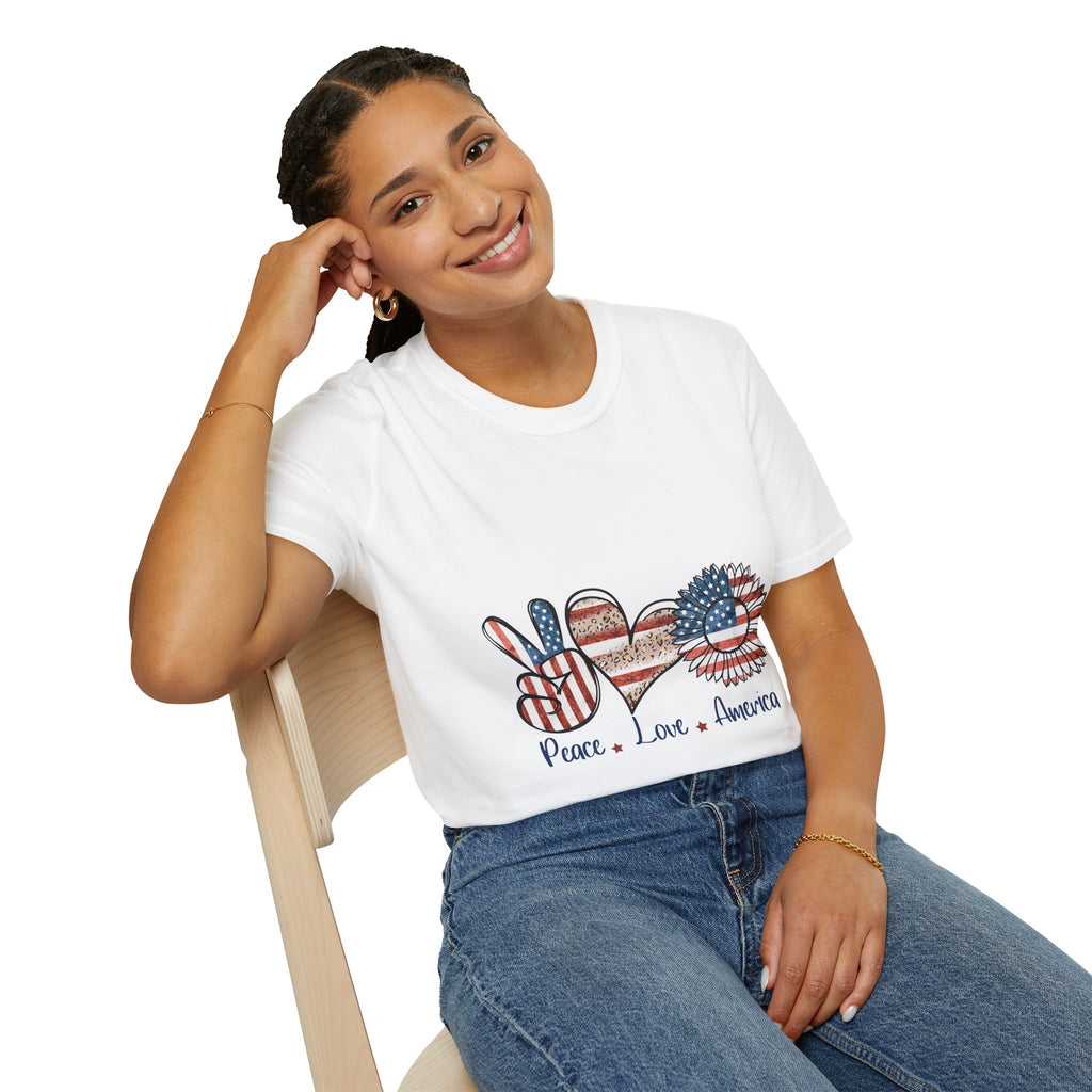 Peace Love America T-Shirt — Patriotic Peace Sign, Heart & Sunflower Graphic