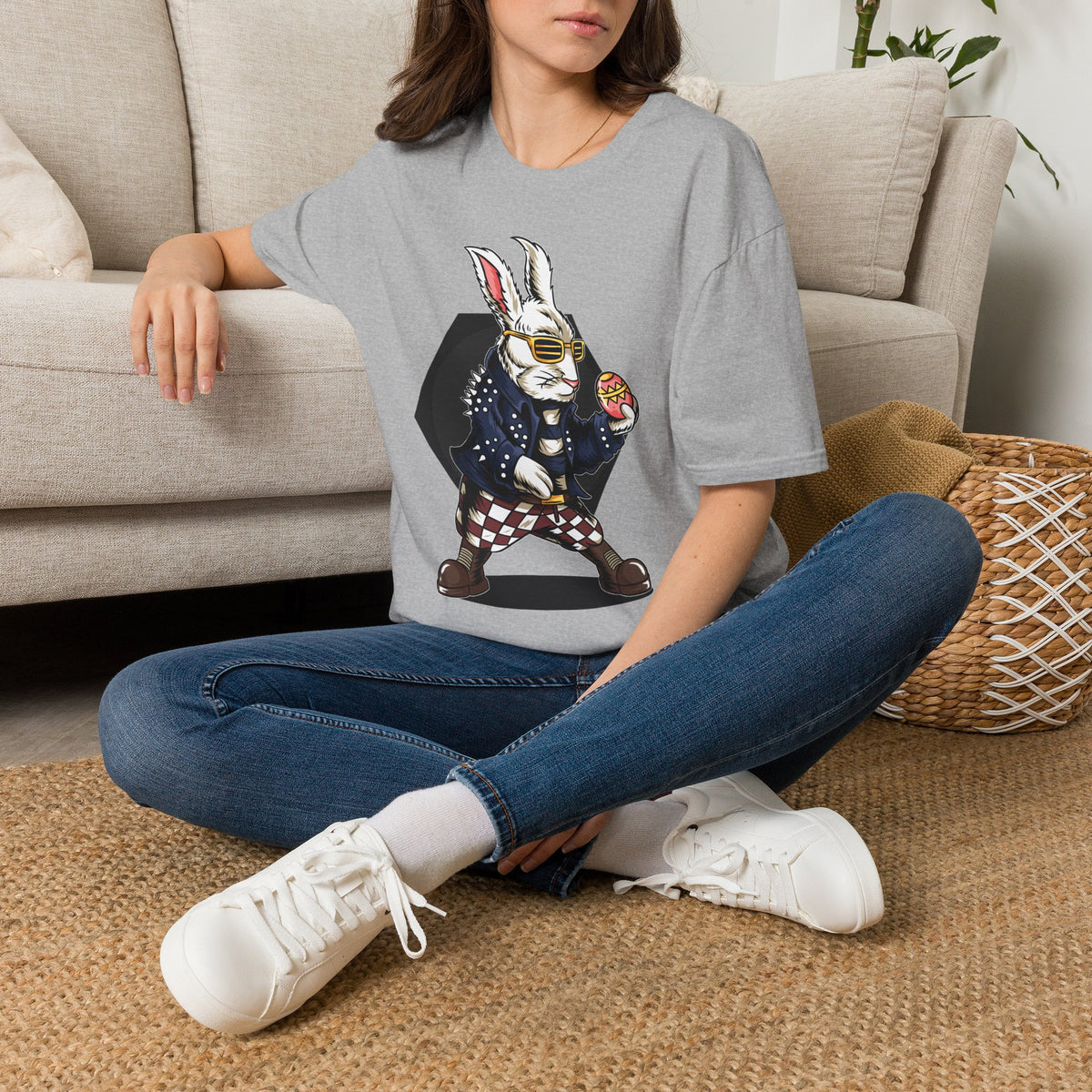 Easter Bunny Rocker T-Shirt — Cool Bunny Holding Decorated Egg