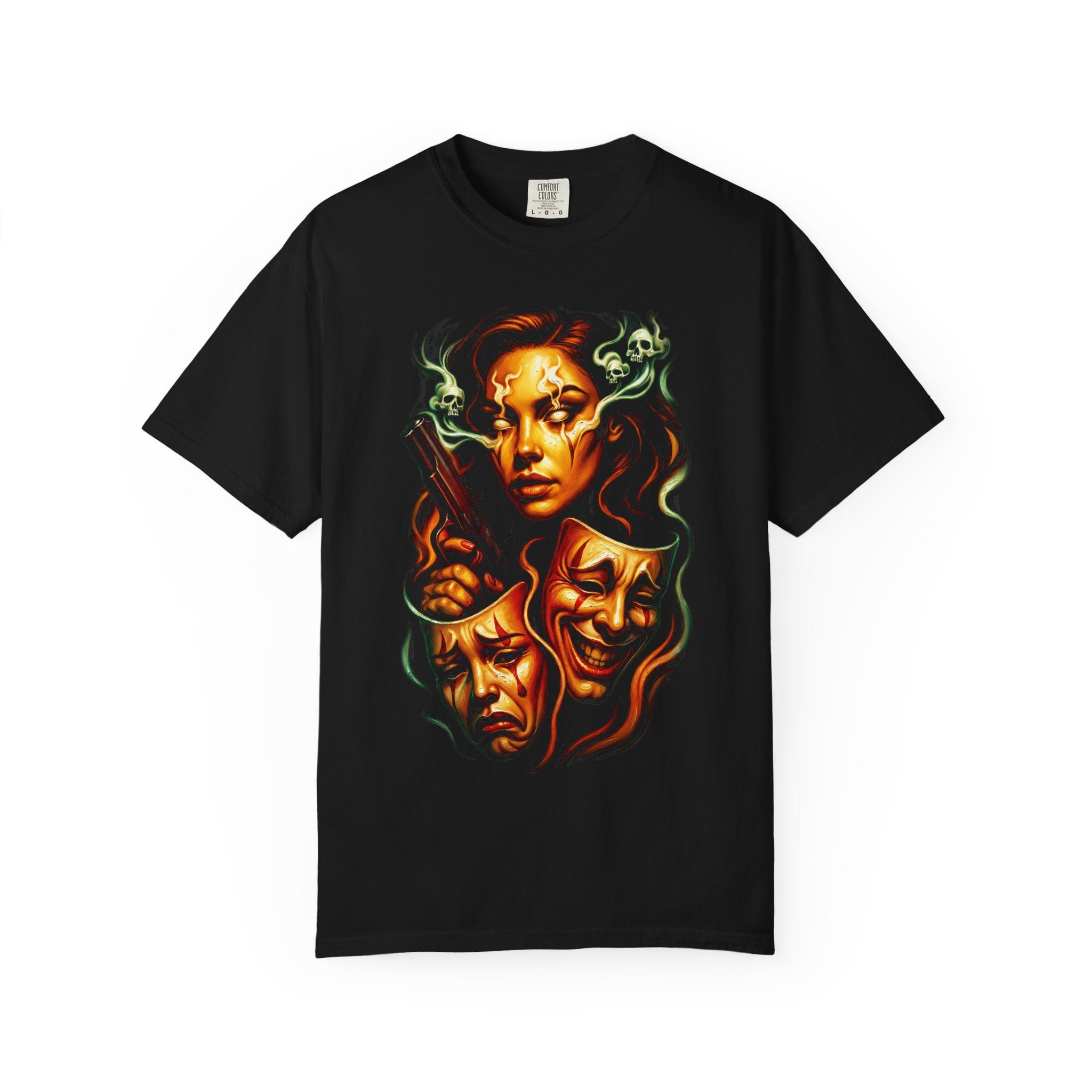 Theatrical Skull & Masks T-Shirt — Gothic Drama Graphic Tee