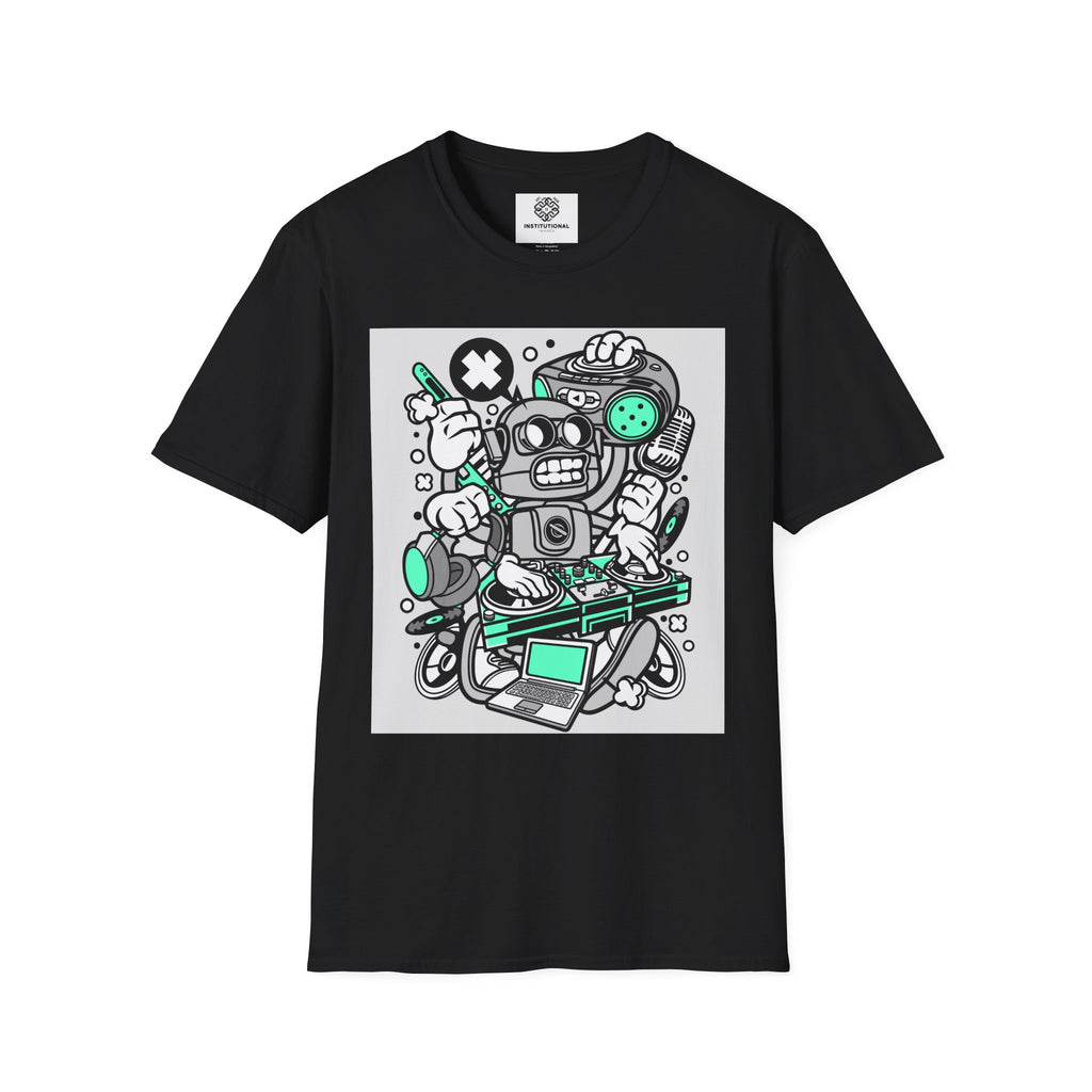 Retro Robot Graphic T-Shirt — Techy Cartoon Tee with 'X' & Circuit Design
