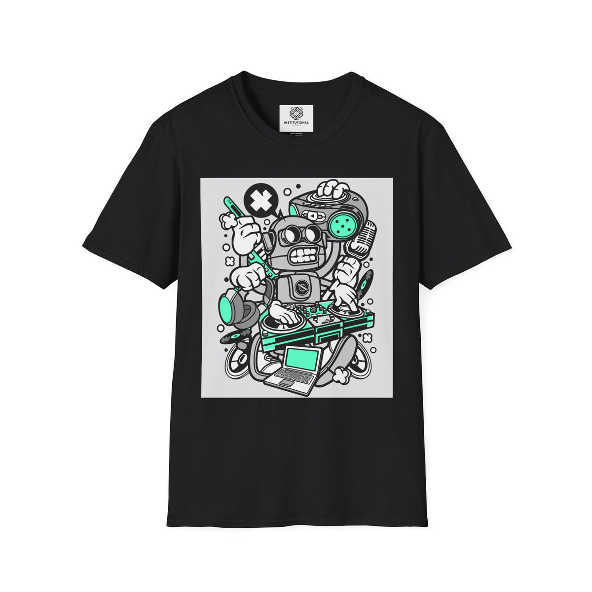 Retro Robot Graphic T-Shirt — Techy Cartoon Tee with 'X' & Circuit Design