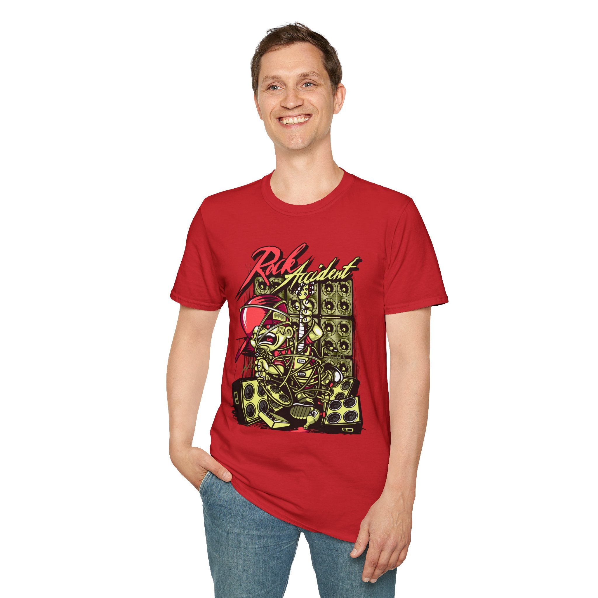 Rock Accident Graphic Tee — Retro Skull & Speakers Band Shirt