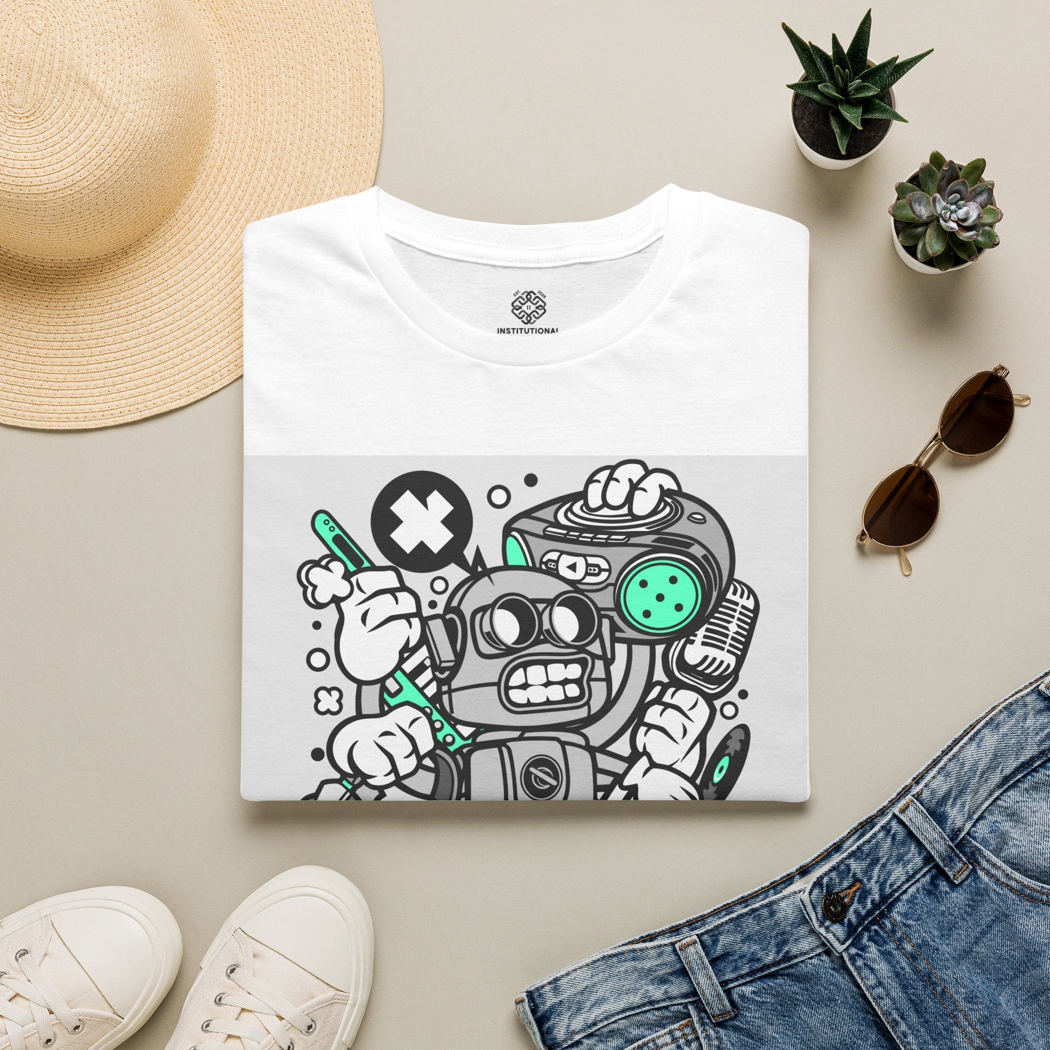 Retro Robot Graphic T-Shirt — Techy Cartoon Tee with 'X' & Circuit Design