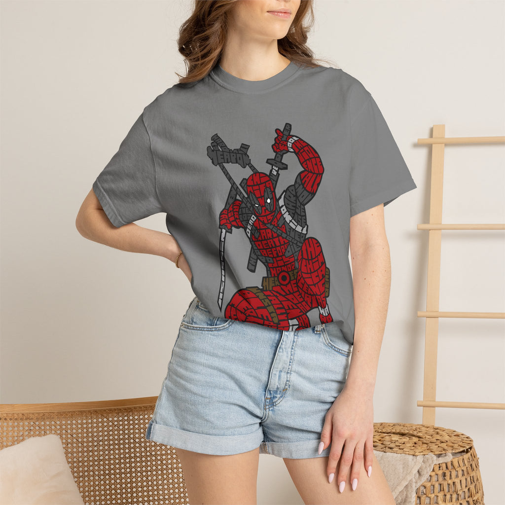 Graphic T-Shirt — Red Webbed Superhero Kneeling Illustration