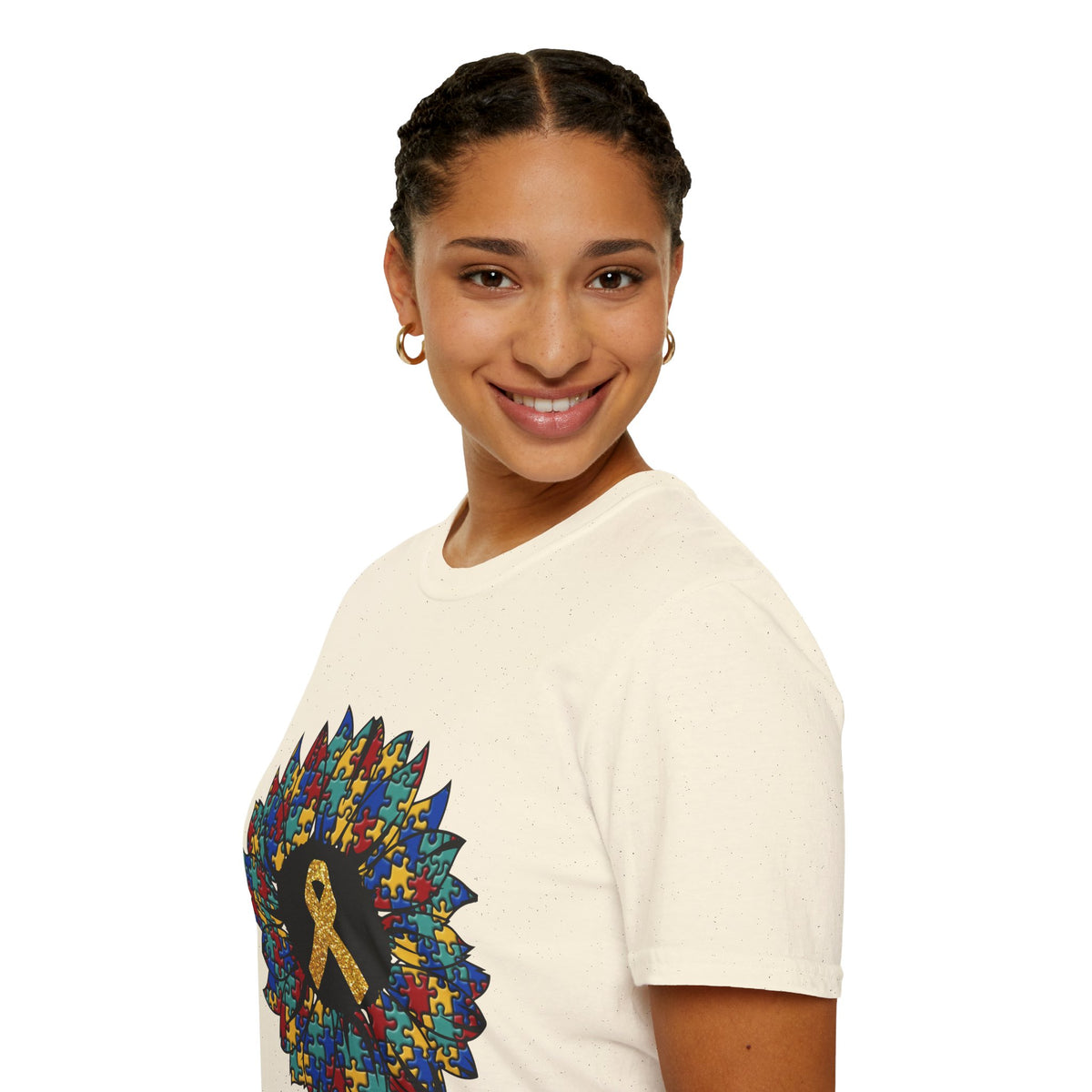 Autism Awareness Puzzle Sunflower T-Shirt – Gold Ribbon Support Tee