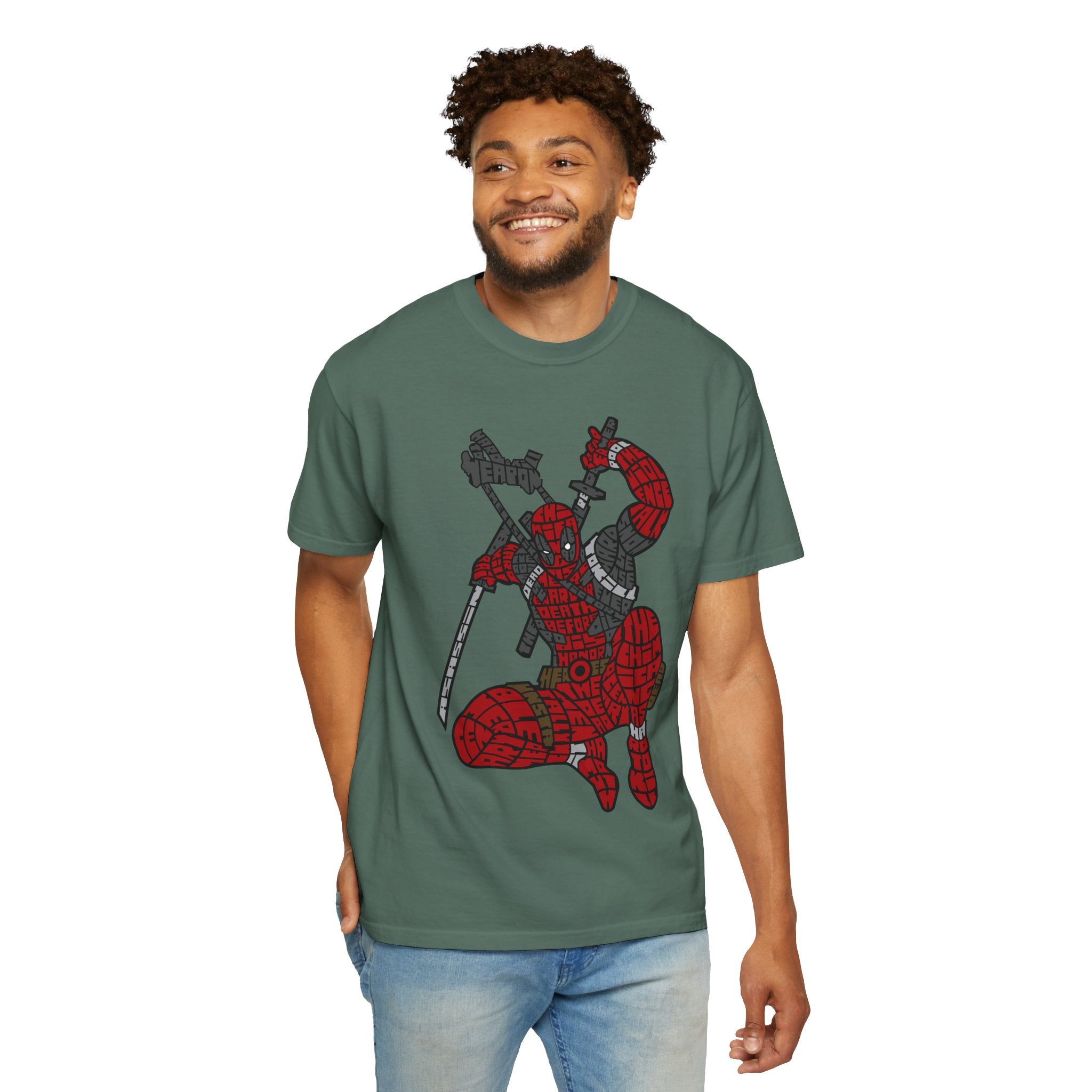 Graphic T-Shirt — Red Webbed Superhero Kneeling Illustration