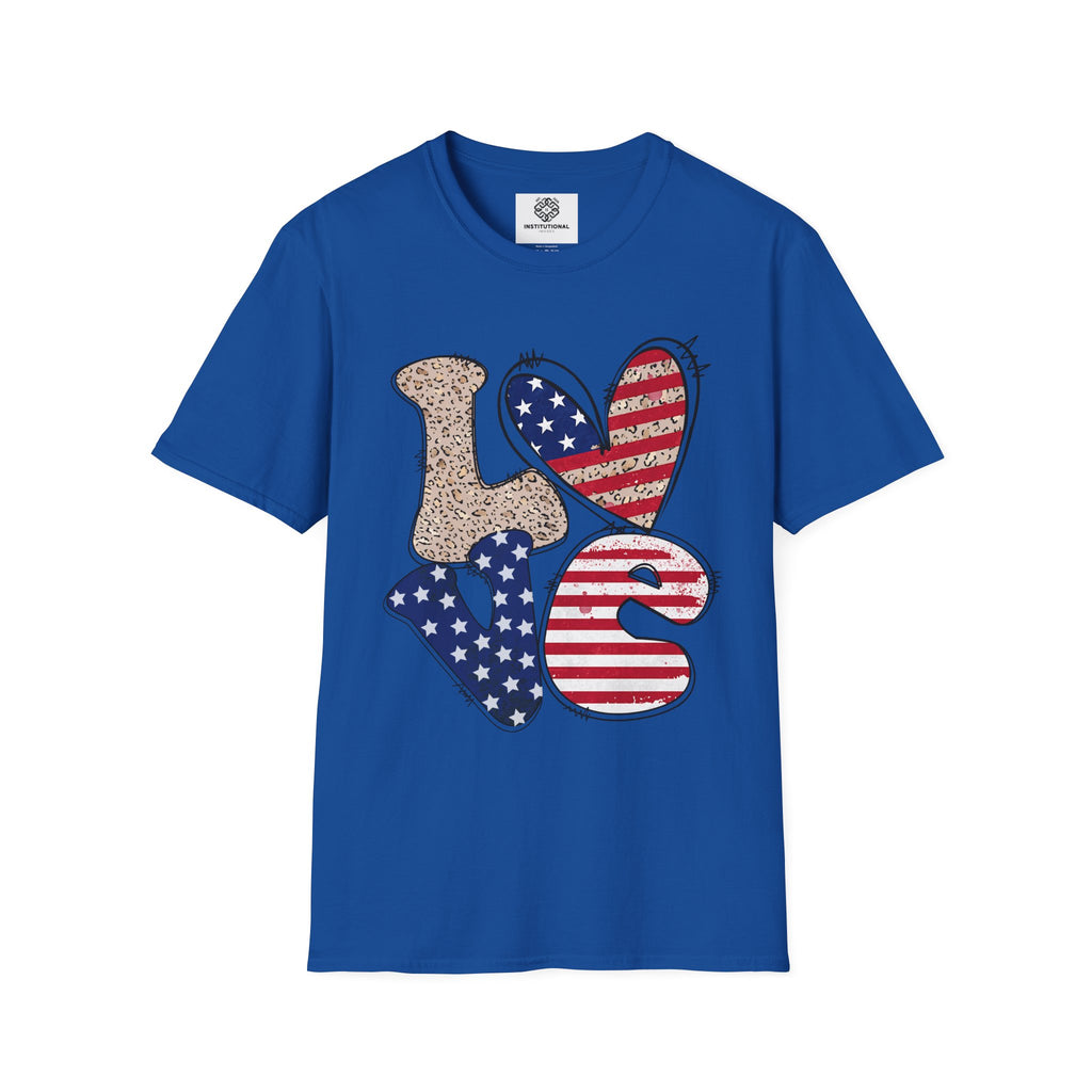 Patriotic LOVE Heart T-Shirt — American Flag & Leopard Print Graphic