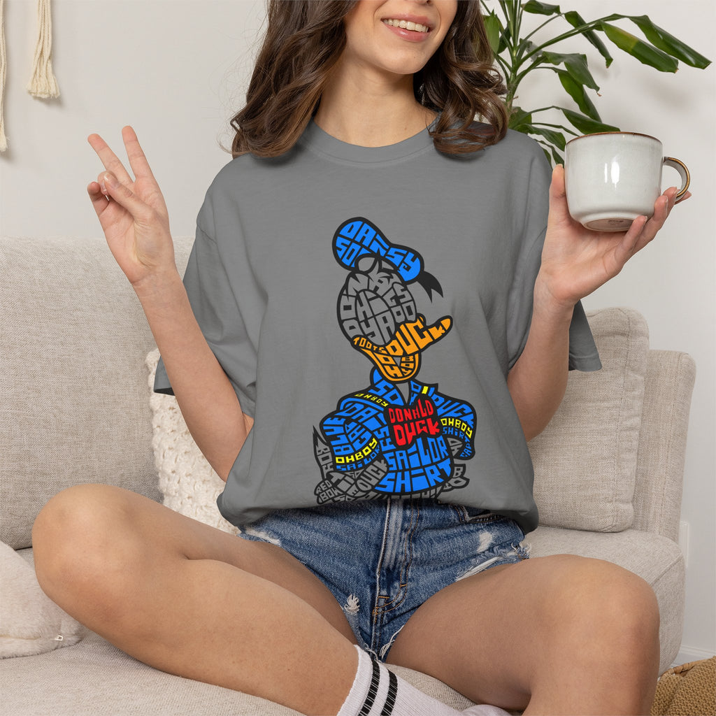 Graphic T‑Shirt — Colorblock Word Art Cartoon Duck Design