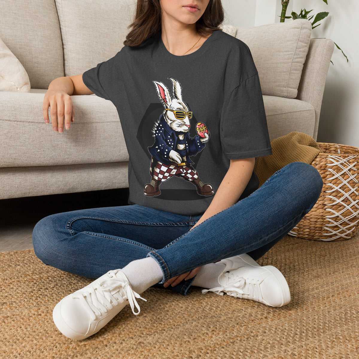 Easter Bunny Rocker T-Shirt — Cool Bunny Holding Decorated Egg