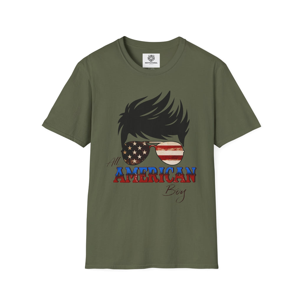American Boy Graphic T-Shirt — Patriotic Sunglasses & Flag Hair Tee