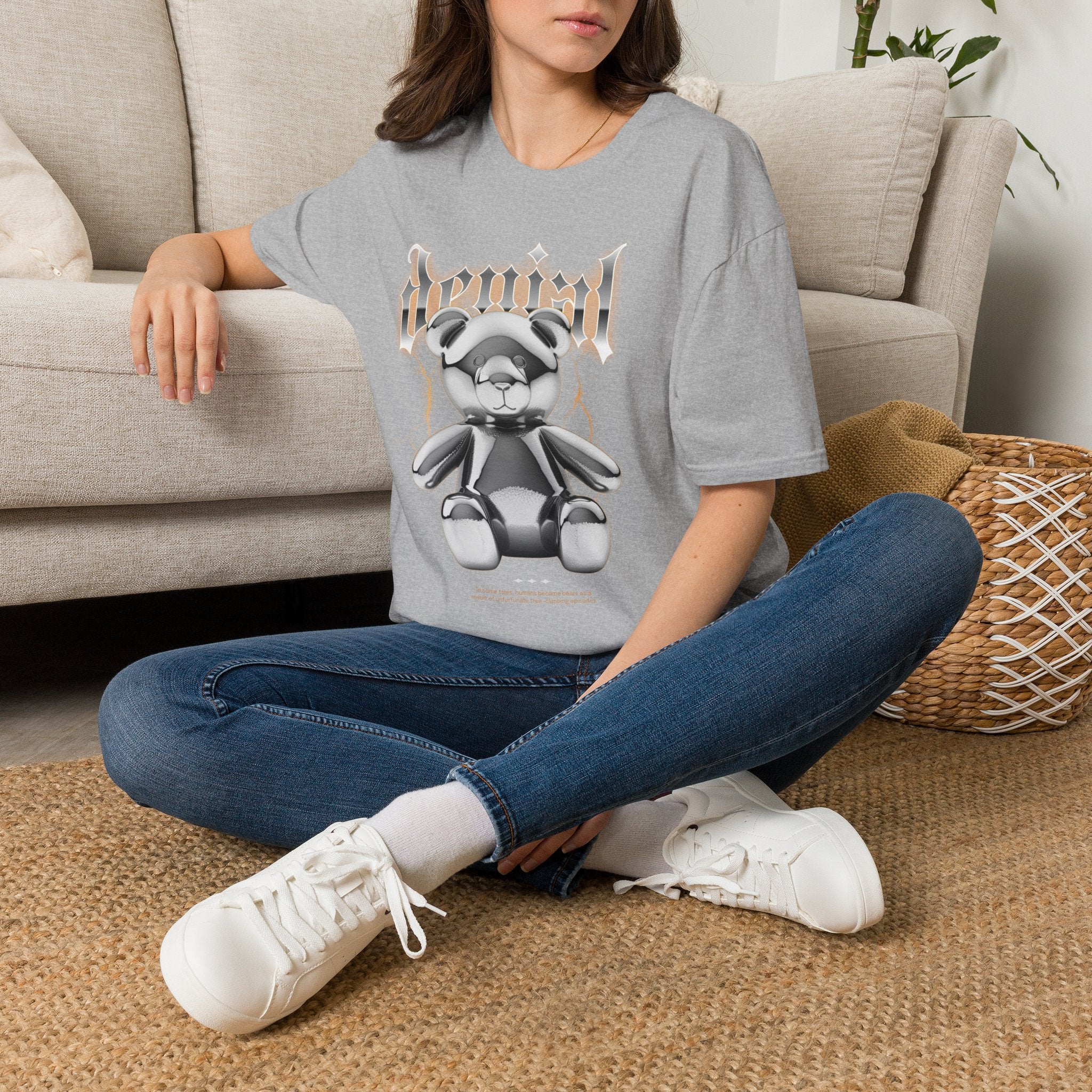 Denial Bear Graphic T-Shirt — Edgy Metallic Teddy Tee