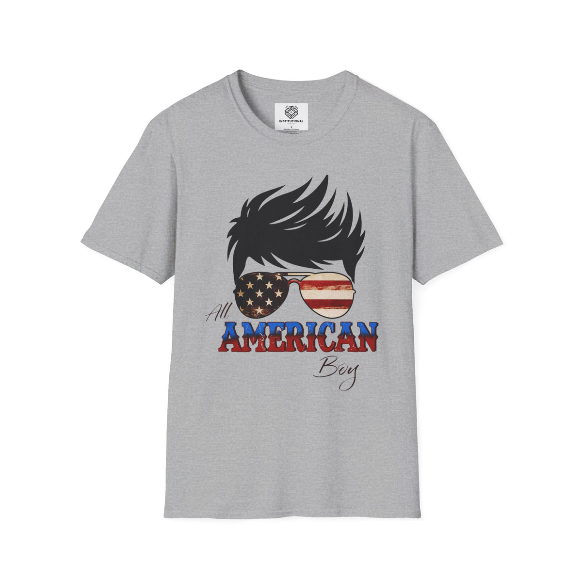 American Boy Graphic T-Shirt — Patriotic Sunglasses & Flag Hair Tee