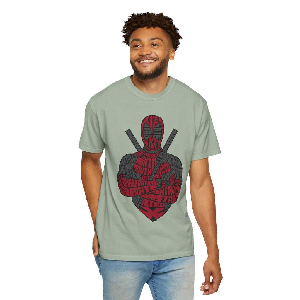 Graphic T-Shirt — Red Text Portrait Superhero Design