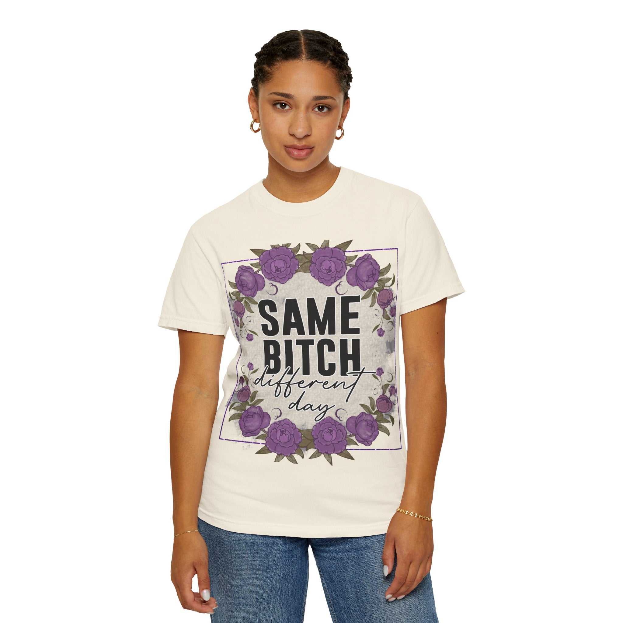 Same Bitch Different Day T-Shirt — Floral Purple Rose Graphic Tee