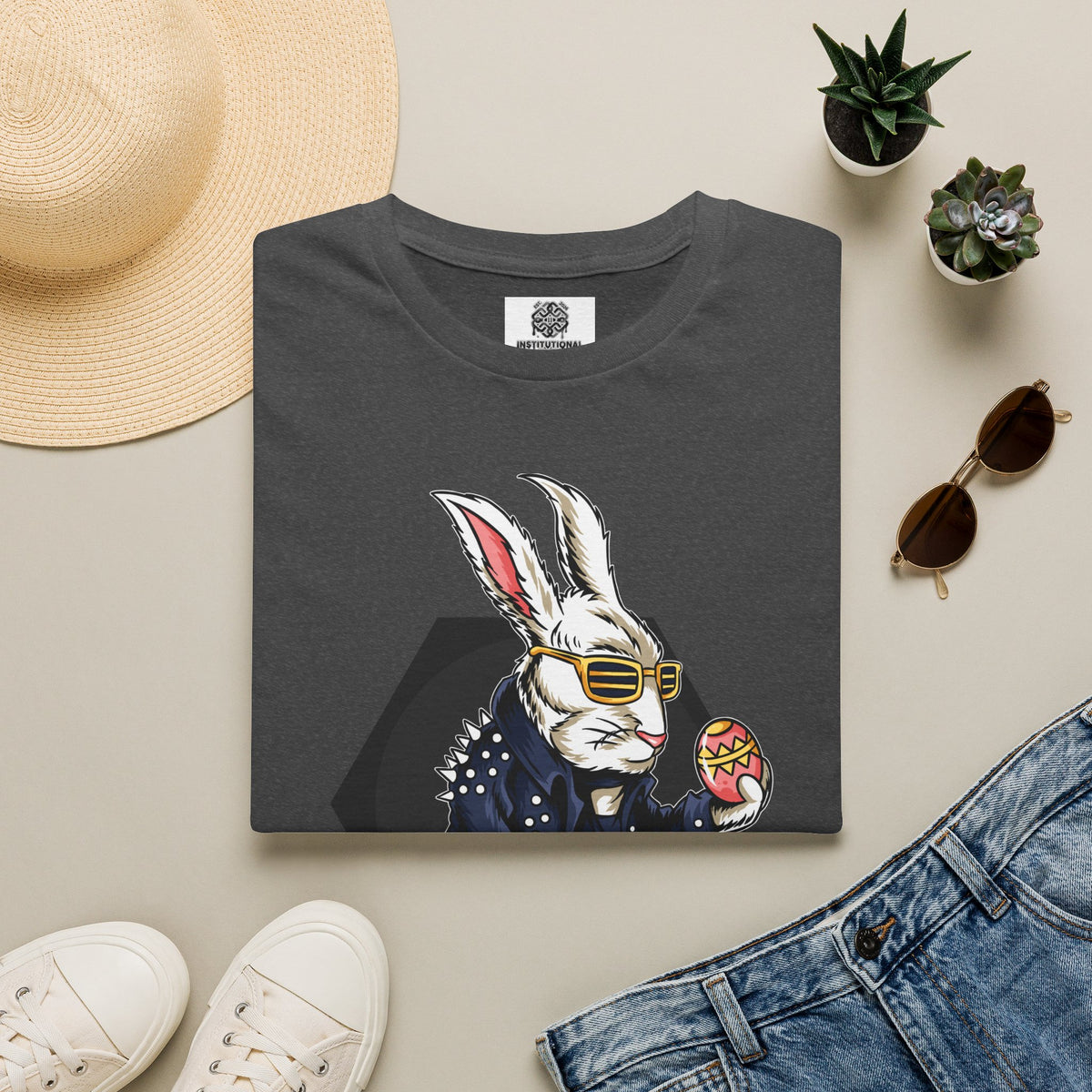 Easter Bunny Rocker T-Shirt — Cool Bunny Holding Decorated Egg