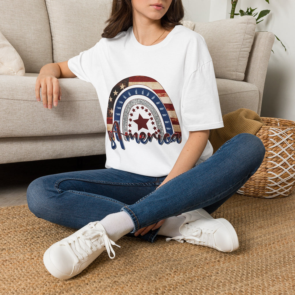 Patriotic American Rainbow T-Shirt — 'America' Stars & Stripes Graphic