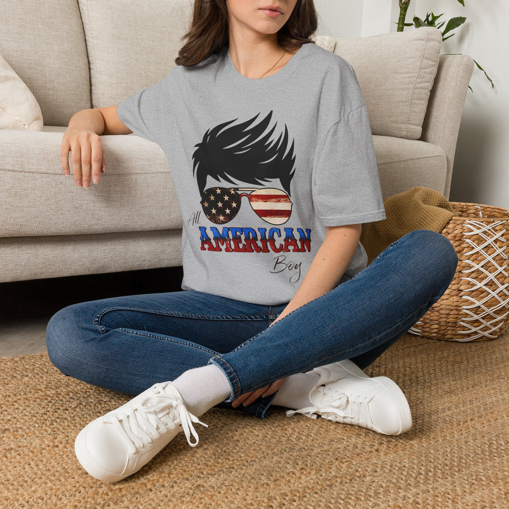 American Boy Graphic T-Shirt — Patriotic Sunglasses & Flag Hair Tee