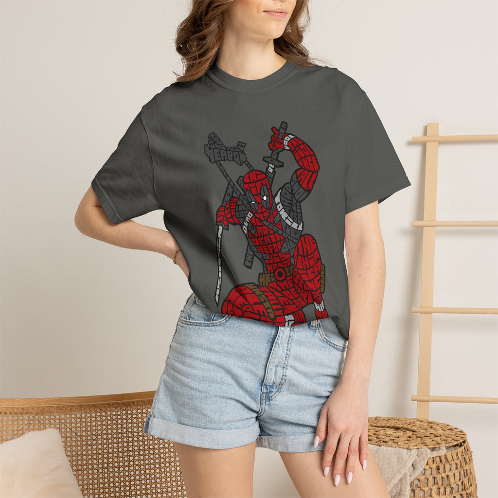 Graphic T-Shirt — Red Webbed Superhero Kneeling Illustration