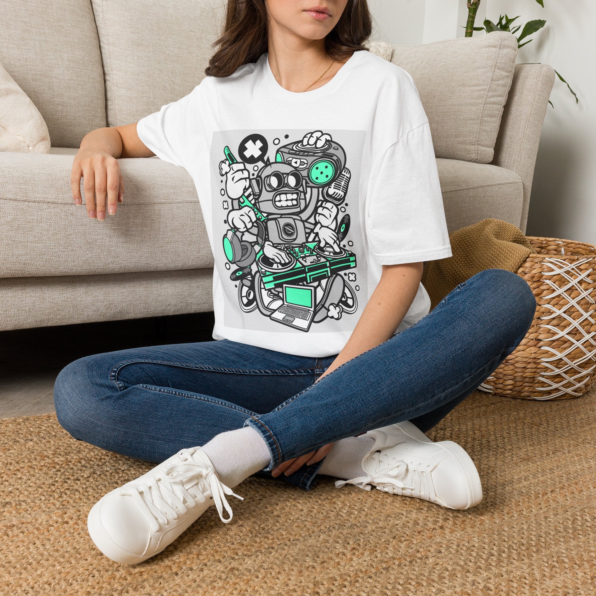 Retro Robot Graphic T-Shirt — Techy Cartoon Tee with 'X' & Circuit Design