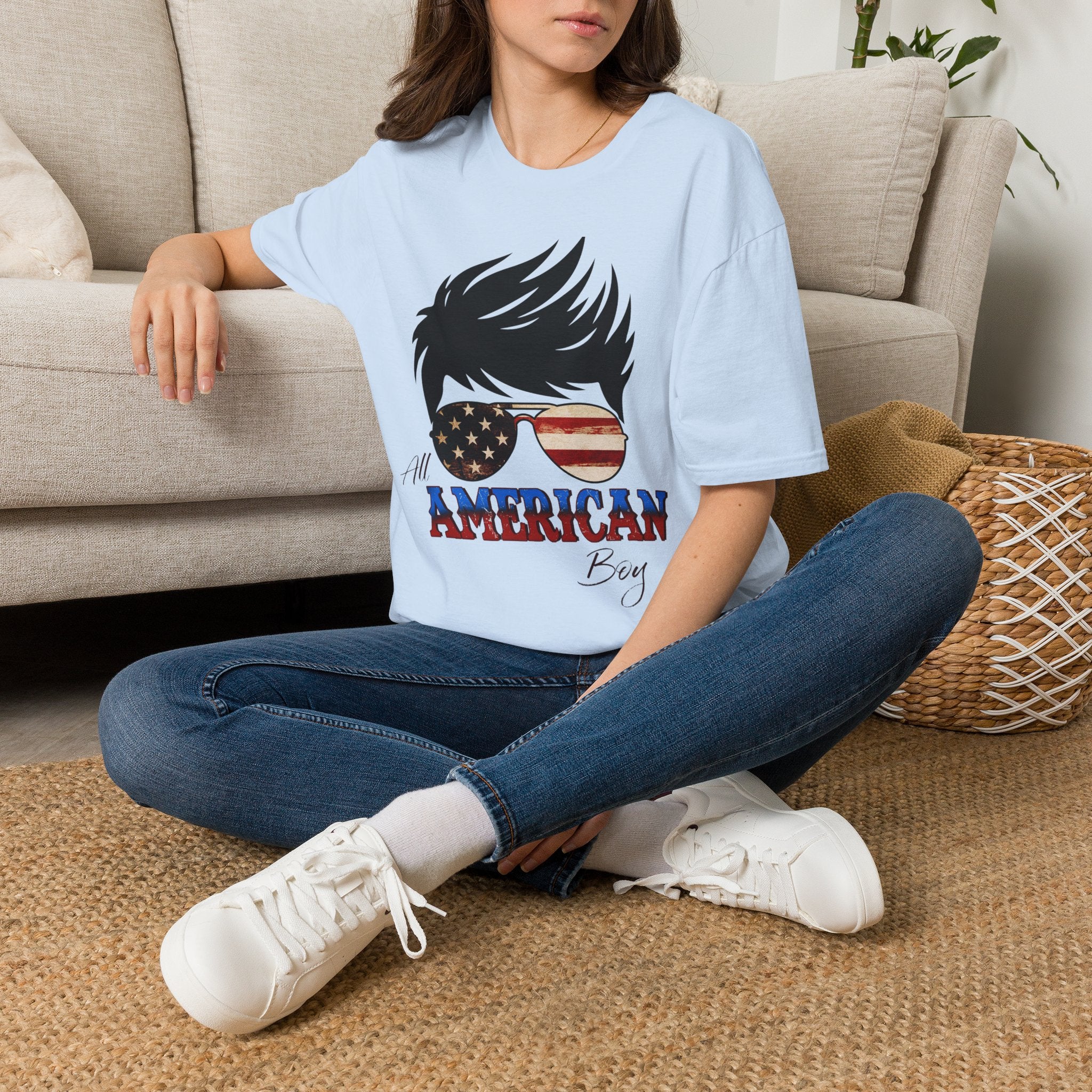 American Boy Graphic T-Shirt — Patriotic Sunglasses & Flag Hair Tee