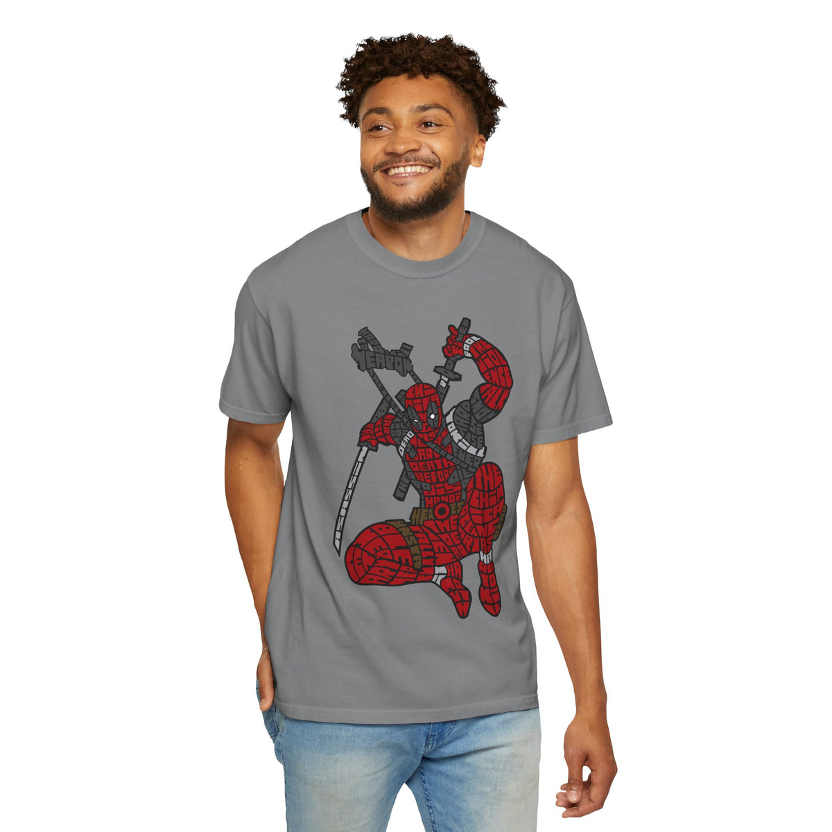 Graphic T-Shirt — Red Webbed Superhero Kneeling Illustration
