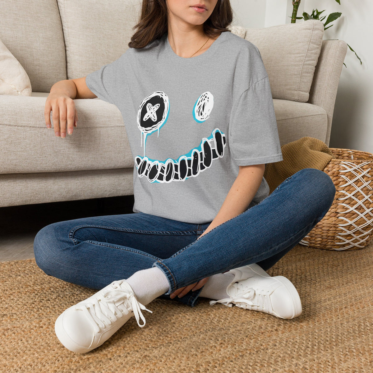 Smiley Face Graphic T‑Shirt — Neon Sketch Grin Design