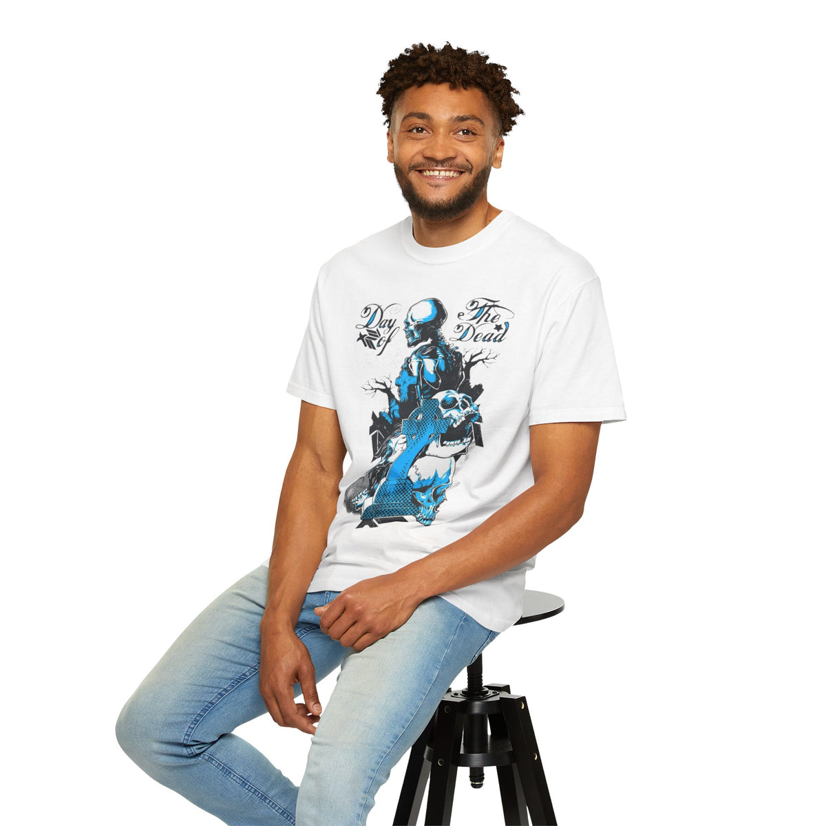 Day of the Dead Skull T-Shirt — Blue Gothic Cemetery Graphic Tee