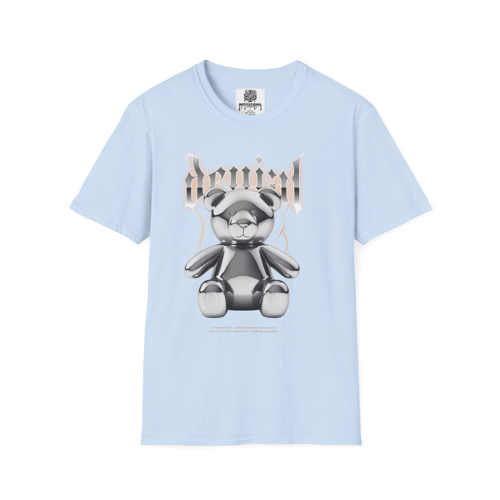 Denial Bear Graphic T-Shirt — Edgy Metallic Teddy Tee