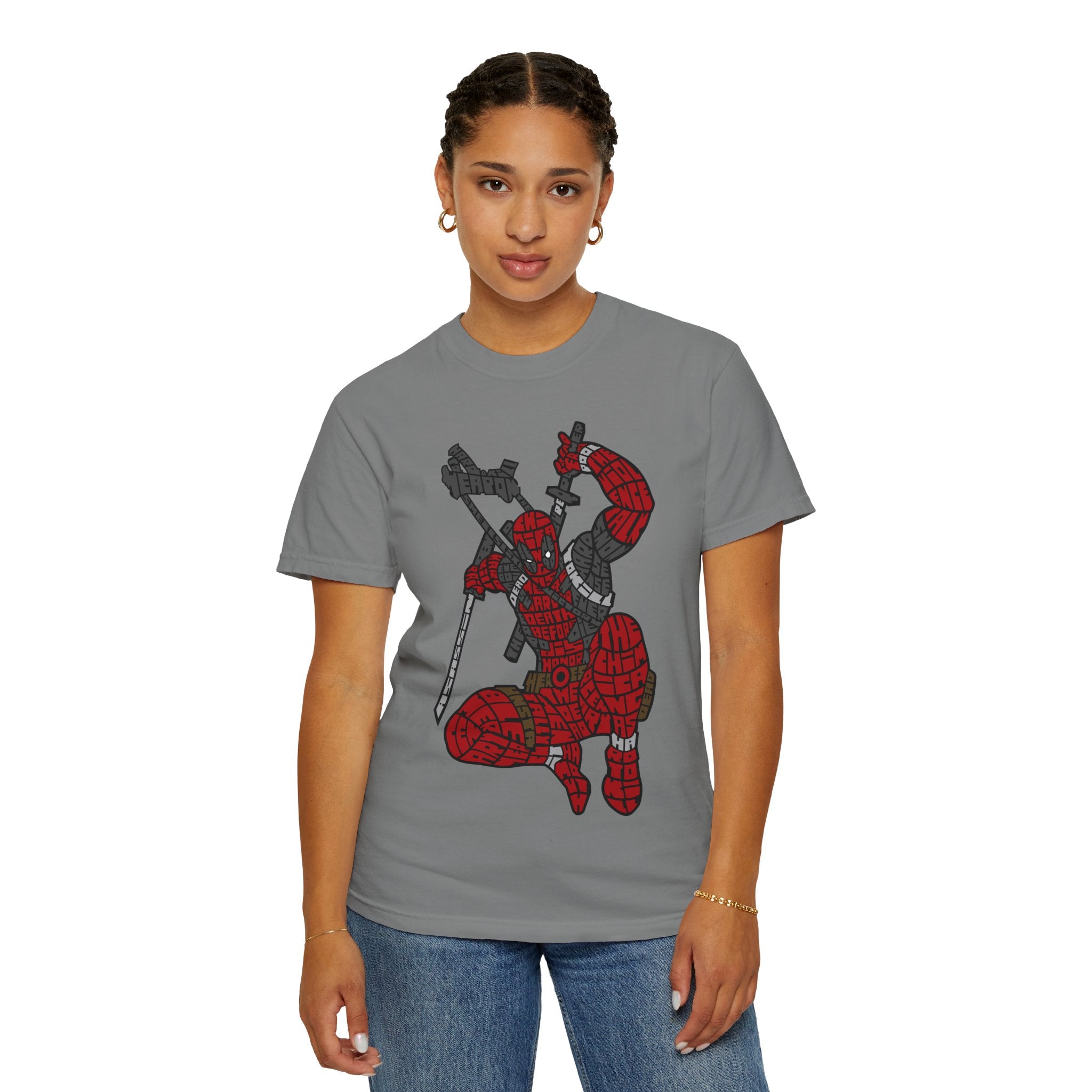 Graphic T-Shirt — Red Webbed Superhero Kneeling Illustration