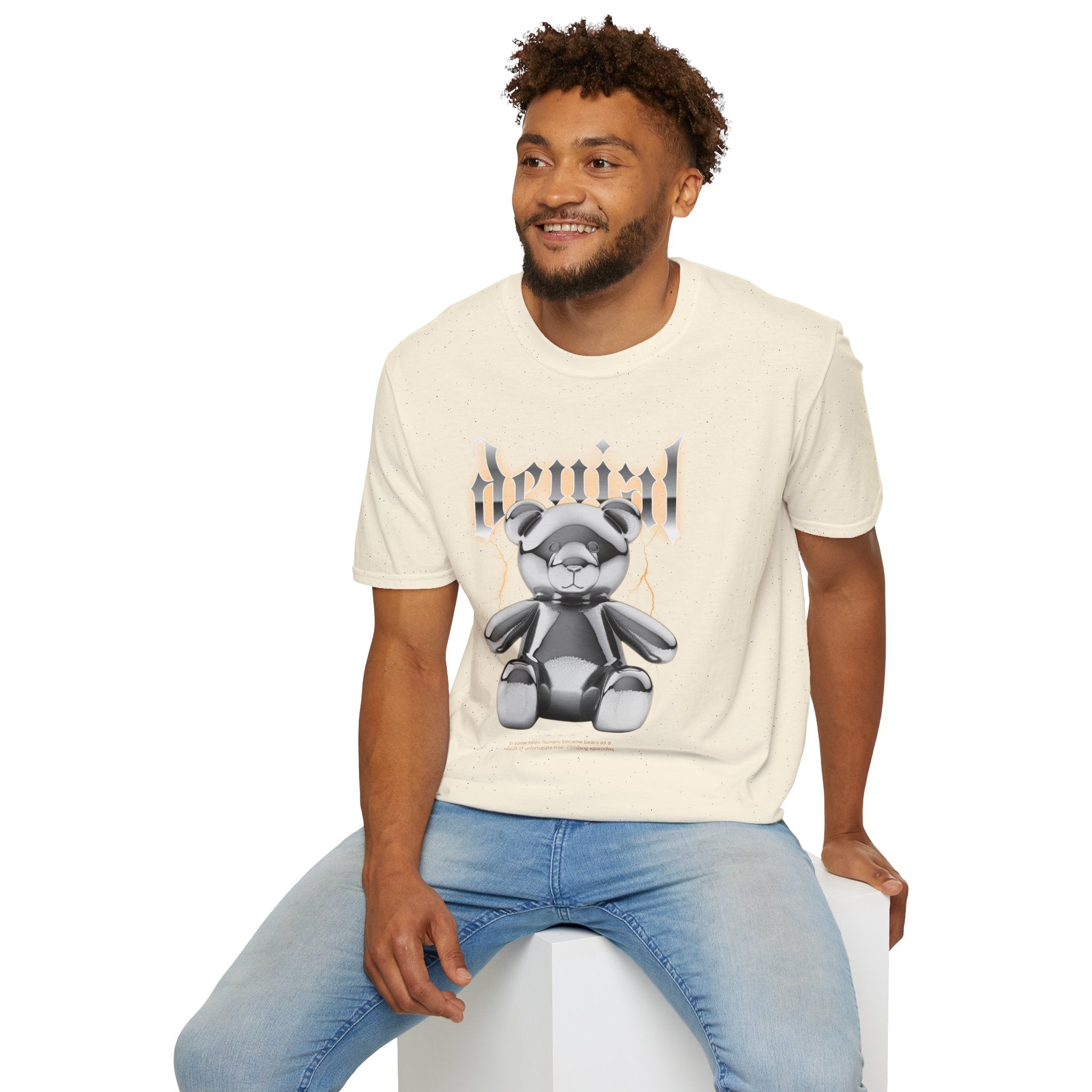 Denial Bear Graphic T-Shirt — Edgy Metallic Teddy Tee
