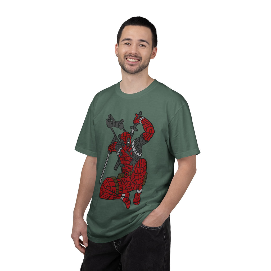 Graphic T-Shirt — Red Webbed Superhero Kneeling Illustration