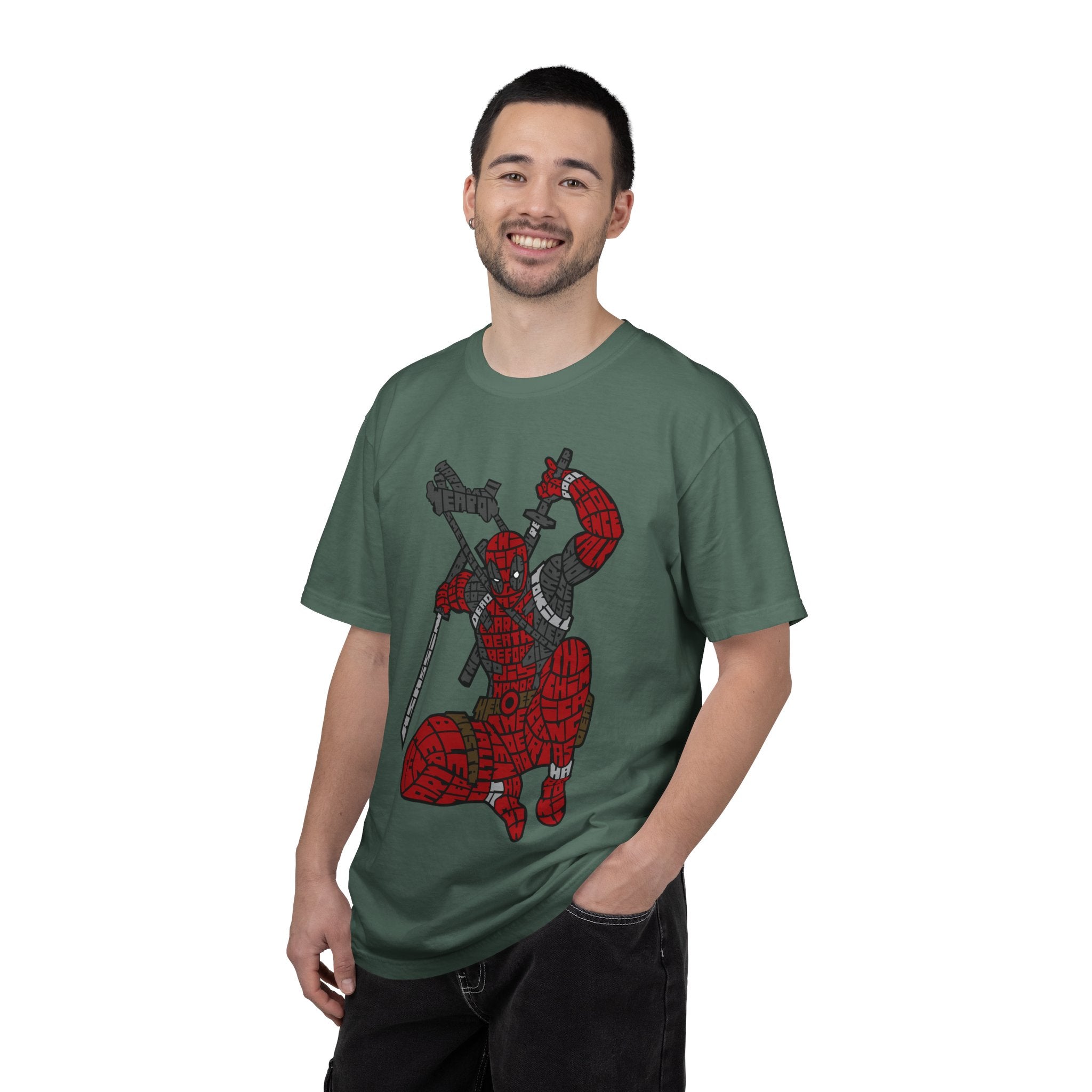 Graphic T-Shirt — Red Webbed Superhero Kneeling Illustration