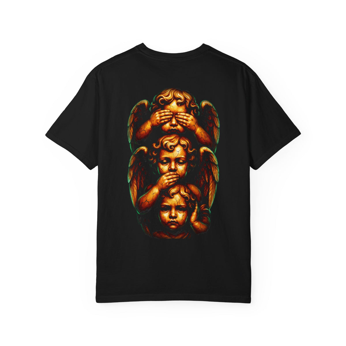 T-Shirt — Vintage Cherub 'See No Evil, Hear No Evil, Speak No Evil' Back Print