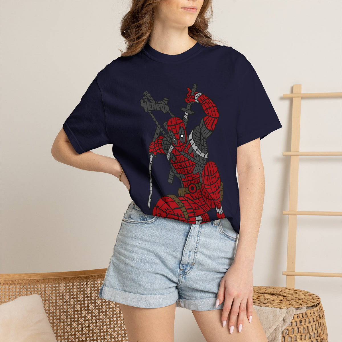 Graphic T-Shirt — Red Webbed Superhero Kneeling Illustration