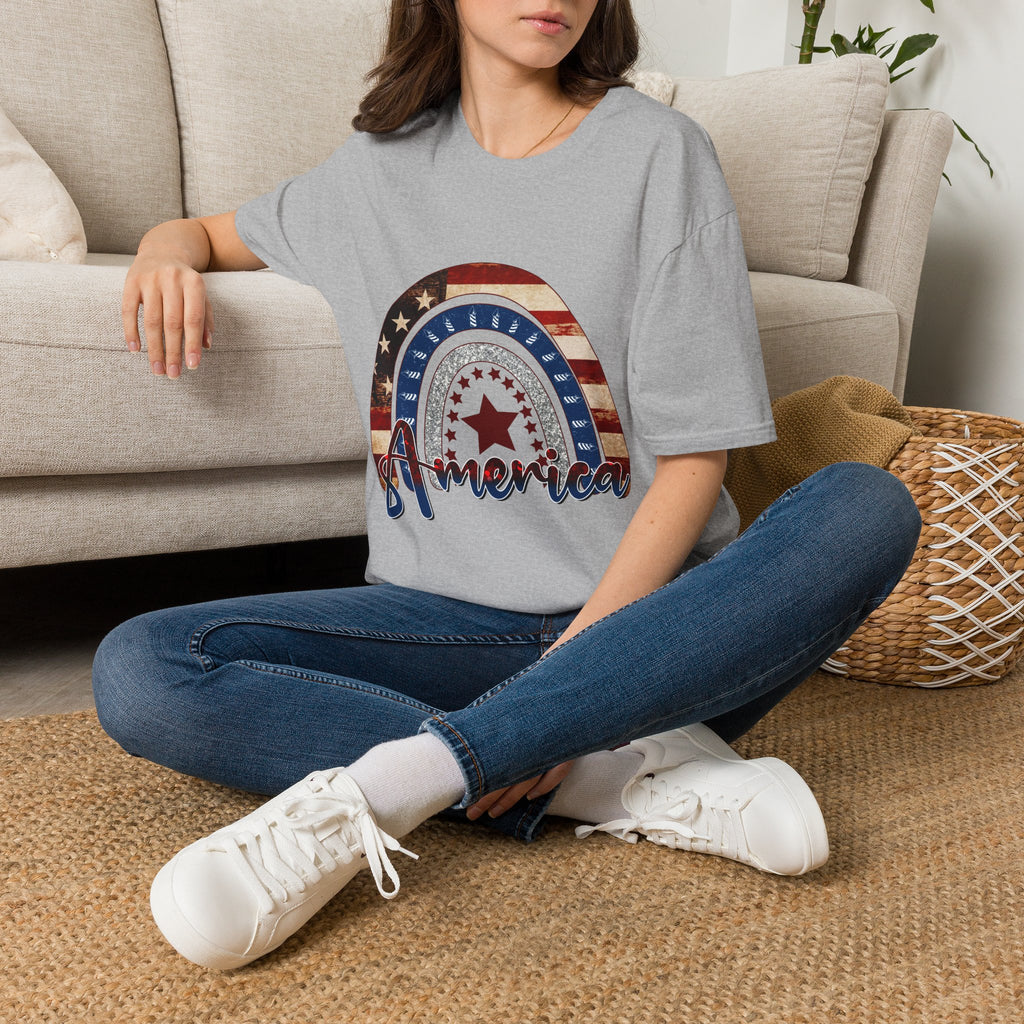 Patriotic American Rainbow T-Shirt — 'America' Stars & Stripes Graphic