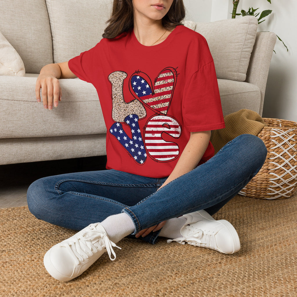 Patriotic LOVE Heart T-Shirt — American Flag & Leopard Print Graphic
