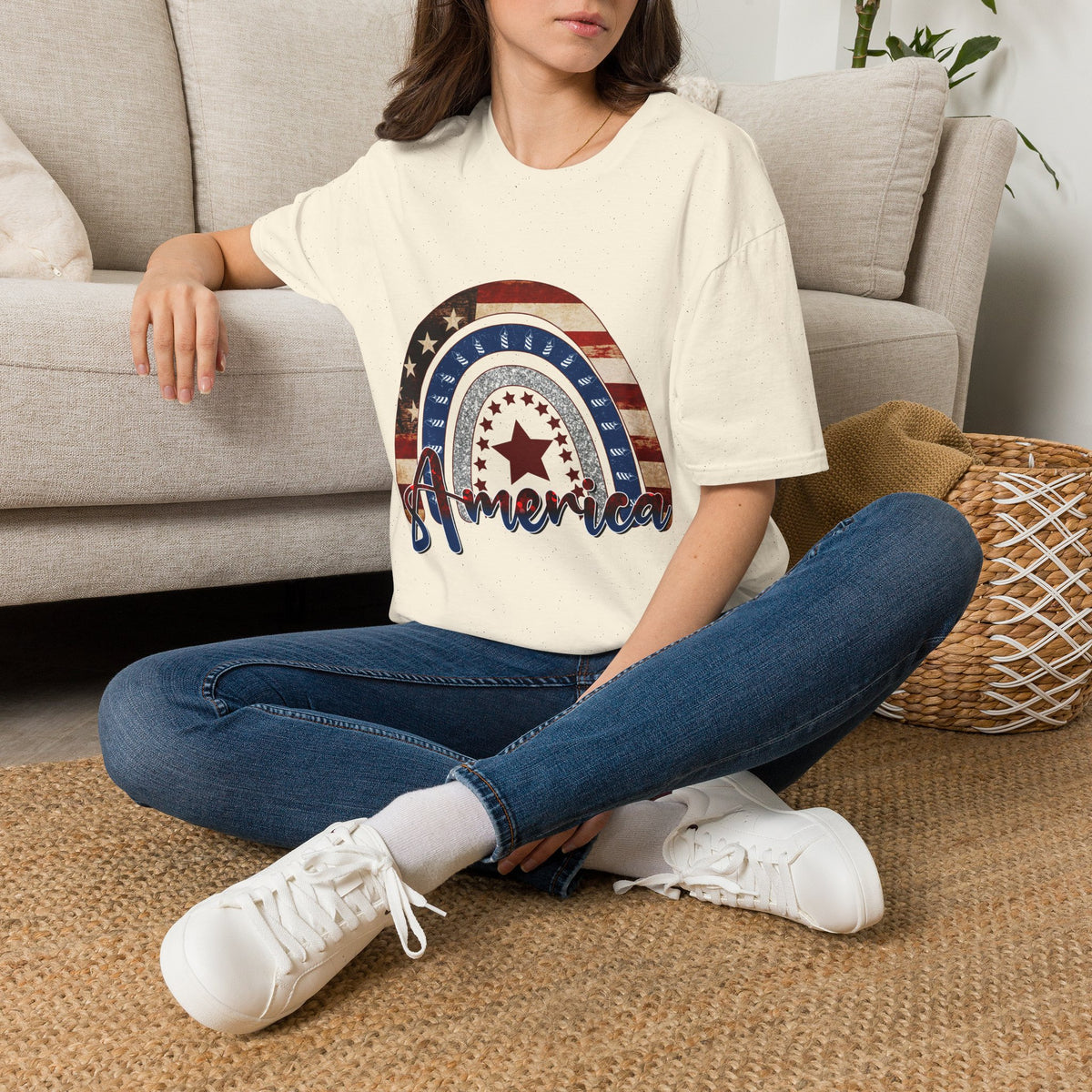 Patriotic American Rainbow T-Shirt — 'America' Stars & Stripes Graphic